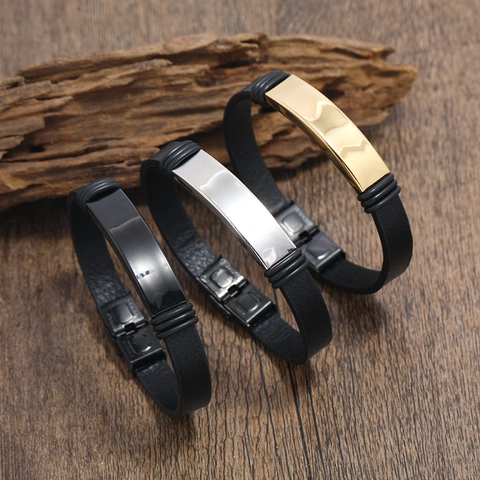 Pulsera Minimalista de Acero Inoxidable y Cuero PU para Hombre Pulsera de Moda con Placa de Metal Geométrica Pulida
