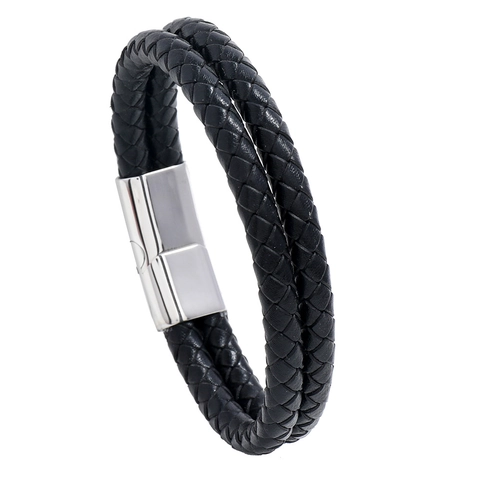Herren Doppelstöckiges Geflochtenes Lederarmband Mit Edelstahl Magnetverschluss Mode Punk Schmuck Schwarzer Armreif