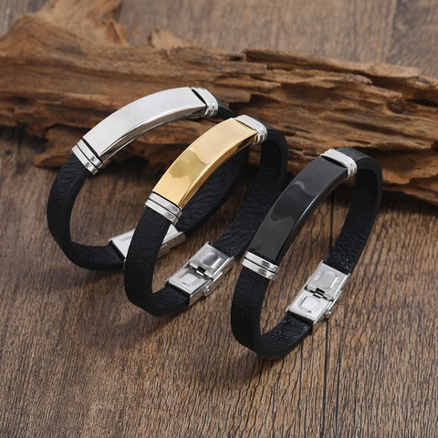 Retro Men's PU Leather Stainless Steel Bracelet Braided Fashion Hand Wristband Plain Polished Bar Bangle Jewelry For Everyday Gift