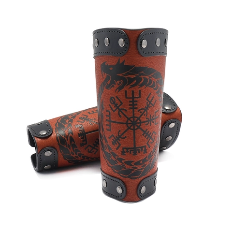 Parabraccio Vichingo in Pelle PU Drago Uroboro Bussola Vegvisir Con Borchie in Metallo Allacciato Regolabile Polsino Punk