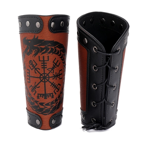 Parabraccio Vichingo in Pelle PU Drago Uroboro Bussola Vegvisir Con Borchie in Metallo Allacciato Regolabile Polsino Punk