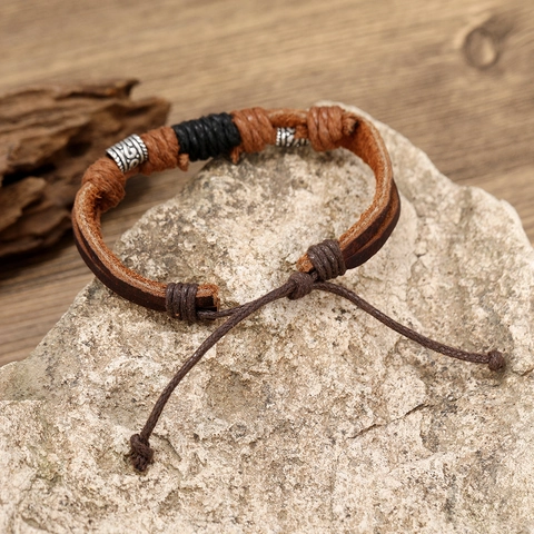 Vintage Braided Cowhide Bracelet Handmade Leather Cord Bracelet Adjustable Alloy Charm Ethnic Style Men Women Jewelry