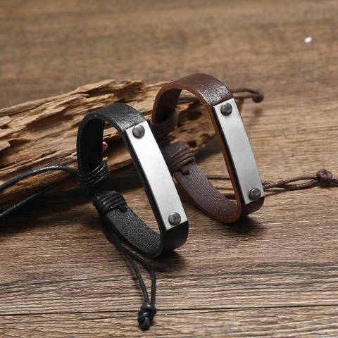Heren Retro Leren Gevlochten Armband Met Metalen Plaatje Verstelbaar Punk Stijl Koeienhuid Armband Voor Mannen Mode Sieraden