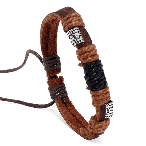 Vintage Braided Cowhide Bracelet Handmade Leather Cord Bracelet Adjustable Alloy Charm Ethnic Style Men Women Jewelry