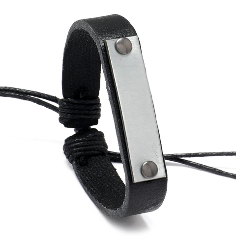 Heren Retro Leren Gevlochten Armband Met Metalen Plaatje Verstelbaar Punk Stijl Koeienhuid Armband Voor Mannen Mode Sieraden
