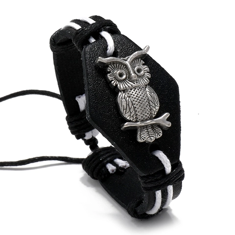 Bracciale Intrecciato in Pelle con Gufo Vintage Fatto a Mano Punk Regolabile Corda di Canapa Ciondolo Animale Gioielli Uomo Donna Nero