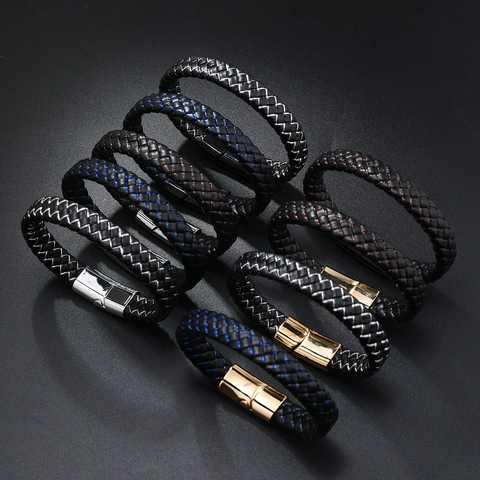 Pulsera de Cuero PU Trenzado Vintage para Hombre Con Cierre Magnético de Aleación Estilo Punk Pulsera Hecha a Mano Joyería de Moda