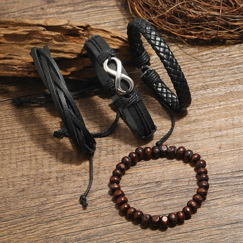 Men Retro Hand-Woven Cowhide Bracelet Set Infinity Symbol Wood Beads Multi-Layer Punk Style Wristband Jewelry Accessories