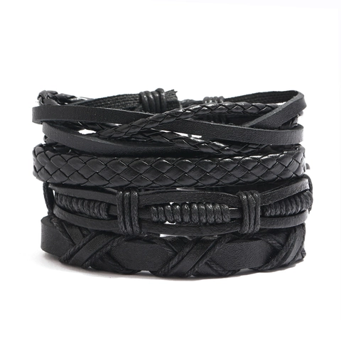 Set di Braccialetti in Pelle di Vacchetta Multistrato da Uomo Vintage Cordino Intrecciato Nero Punk Unisex Gioielli Casual