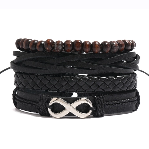 Men Retro Hand-Woven Cowhide Bracelet Set Infinity Symbol Wood Beads Multi-Layer Punk Style Wristband Jewelry Accessories