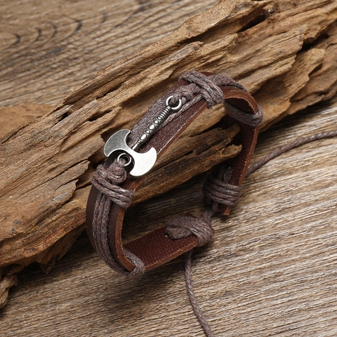 Men Vintage Hand-Woven Leather Bracelet Alloy Double-Headed Axe Pendant Adjustable Hemp Rope Wristband Ethnic Jewelry Gift