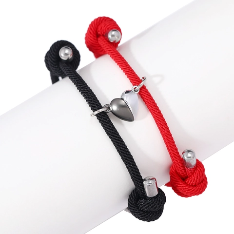 Pulsera Atracción Magnética Corazón de Cuerda Tejida Ajustable Aleación Moda Pareja Amistad Joyería Hecha a Mano