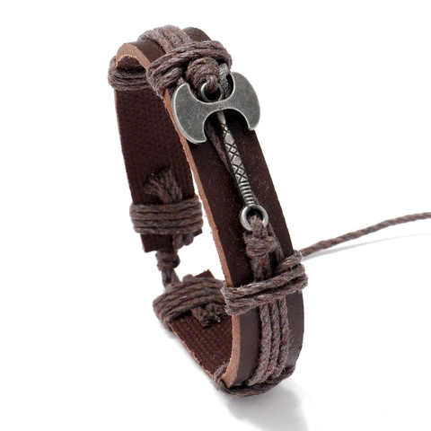 Men Vintage Hand-Woven Leather Bracelet Alloy Double-Headed Axe Pendant Adjustable Hemp Rope Wristband Ethnic Jewelry Gift