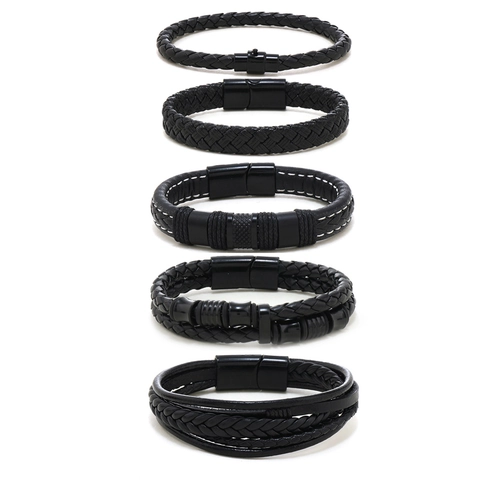 Men's Multi-Layer Braided Leather Bracelet Set With Alloy Magnetic Buckle Punk Vintage Cowhide Rope Wristband Jewelry Gift