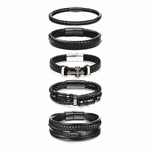 Men's Multi-Layer Braided Leather Bracelet Set With Alloy Magnetic Buckle Punk Vintage Cowhide Rope Wristband Jewelry Gift