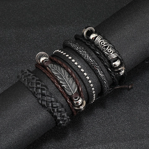 Bracciale Vintage Multistrato Intrecciato in Pelle di Vacca Pelle Sintetica Con Ciondolo in Lega di Piuma Nero Marrone Punk Uomo Gioielli