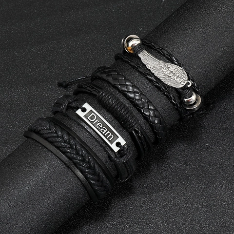 Bracciali in Pelle Intrecciata Uomo Vintage Ala Piuma Dream Plate Regolabile Multistrato Stile Punk Gioielli Neri