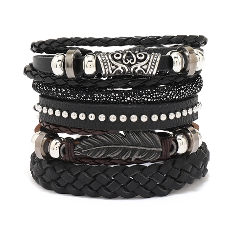 Bracciale Vintage Multistrato Intrecciato in Pelle di Vacca Pelle Sintetica Con Ciondolo in Lega di Piuma Nero Marrone Punk Uomo Gioielli