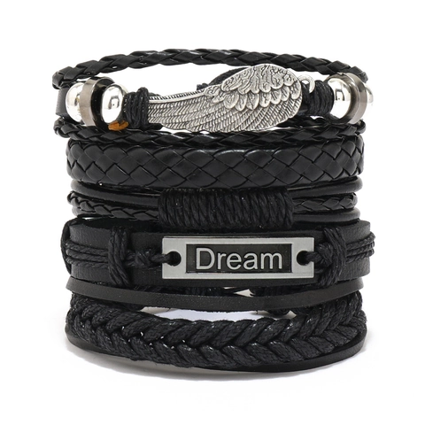 Bracciali in Pelle Intrecciata Uomo Vintage Ala Piuma Dream Plate Regolabile Multistrato Stile Punk Gioielli Neri