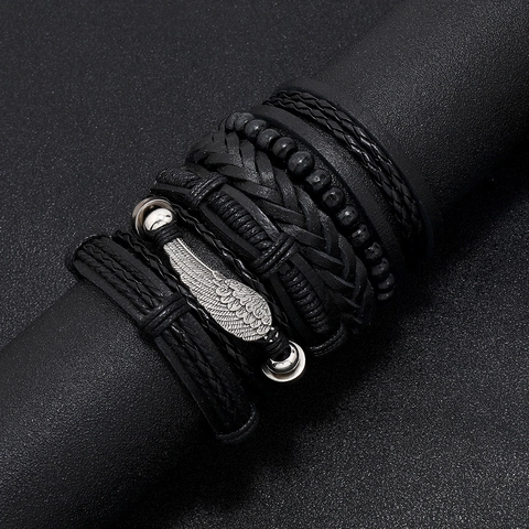 Men Braided Leather Bracelet With Feather Wing Pendant Beads Wax Cord Hand Wrap Punk Vintage Fashion Jewelry