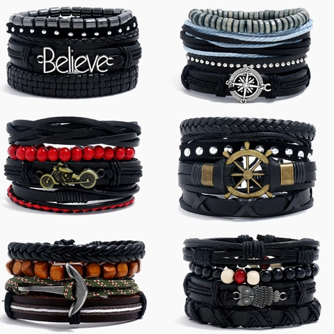 Bracciale Vintage in Pelle Intrecciata Uomo Donna Multistrato Cordino Perline in Legno Ciondolo in Lega Gioielli Punk Etnici