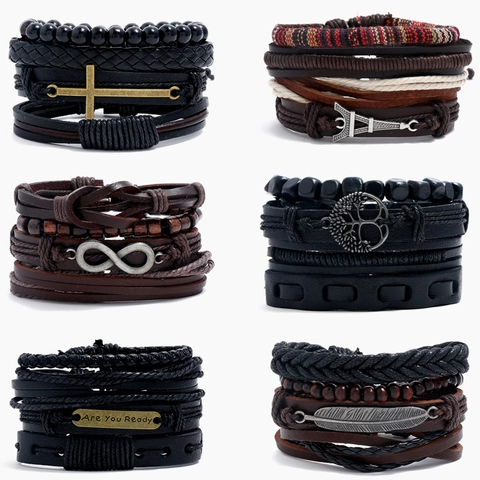 Bracciale Vintage in Pelle Intrecciata Uomo Donna Multistrato Cordino Perline in Legno Ciondolo in Lega Gioielli Punk Etnici