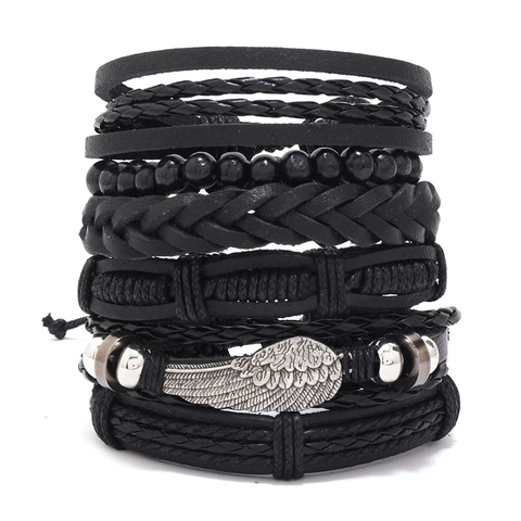 Men Braided Leather Bracelet With Feather Wing Pendant Beads Wax Cord Hand Wrap Punk Vintage Fashion Jewelry