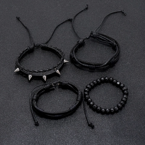 Bracciale da Uomo in Pelle Intrecciata Vintage Punk Regolabile a Più Strati Tessuto a Mano con Borchie Gioielli