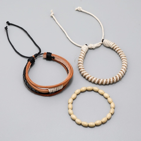 Vintage Punk Men's Leather Braided Bracelet Set Multi-layer Cowhide PU Wood Beads Hemp Rope Adjustable Jewelry Gift