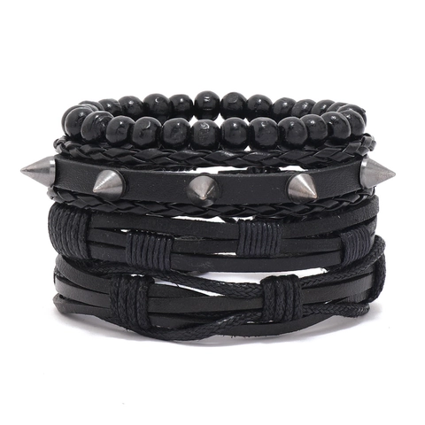 Bracciale da Uomo in Pelle Intrecciata Vintage Punk Regolabile a Più Strati Tessuto a Mano con Borchie Gioielli