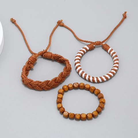 Vintage Handgeweven Armband Set Voor Heren Dames Houten Kralen Hennep Touw Waskoord Verstelbare Etnische Sieraden