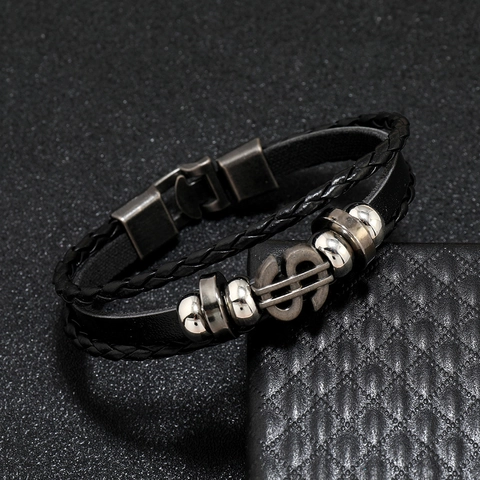 Vintage Men Multi-layer Leather Braided Bracelet Dollar Sign Alloy Charm Retro Punk Handmade Cowhide PU Bracelet Jewelry