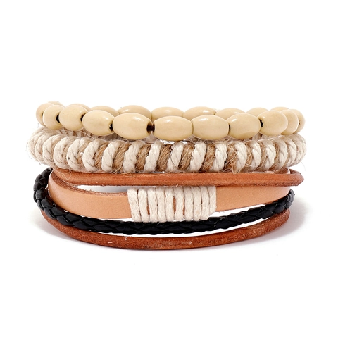 Vintage Punk Men's Leather Braided Bracelet Set Multi-layer Cowhide PU Wood Beads Hemp Rope Adjustable Jewelry Gift