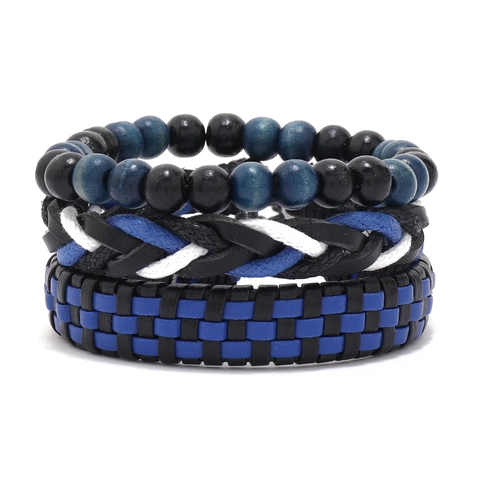 Men's Vintage Multilayer Braided Leather Bracelet With Wooden Beads Wax Rope Woven Wristband Retro Punk Jewelry For Men