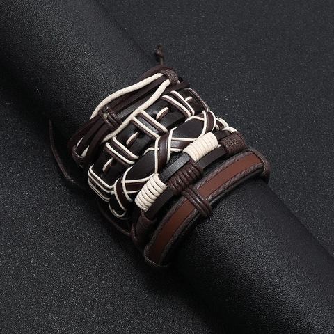 Pulsera Multicapa de Cuero PU Trenzado a Mano Cuerda de Cera Vintage Bohemio Punk Joyería para Hombre Muñequera Tejida Ajustable