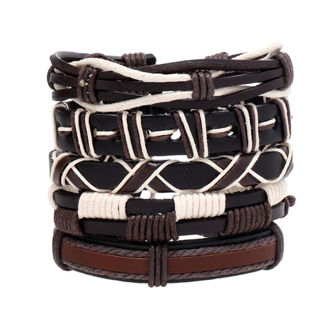 Pulsera Multicapa de Cuero PU Trenzado a Mano Cuerda de Cera Vintage Bohemio Punk Joyería para Hombre Muñequera Tejida Ajustable