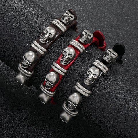 Pulsera Punk de Cuero de Vaca para Hombre Calavera Vintage Aleación Plata Remaches Pulsera Envolvente Esqueleto Joyería Halloween