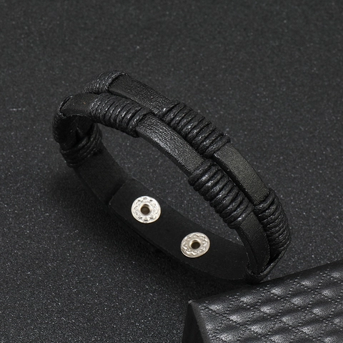 Pulsera de Cuero Trenzado Hecha a Mano para Hombre Pulsera de Envoltura Tejida con Botón de Presión de Aleación Joyería de Moda Minimalista