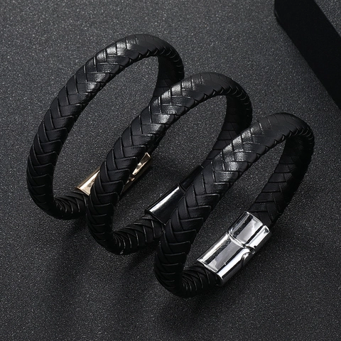 Men Braided Synthetic Leather Bracelet With Alloy Magnetic Clasp Geometric Handcrafted Minimalist Jewelry Wristband Men Gift