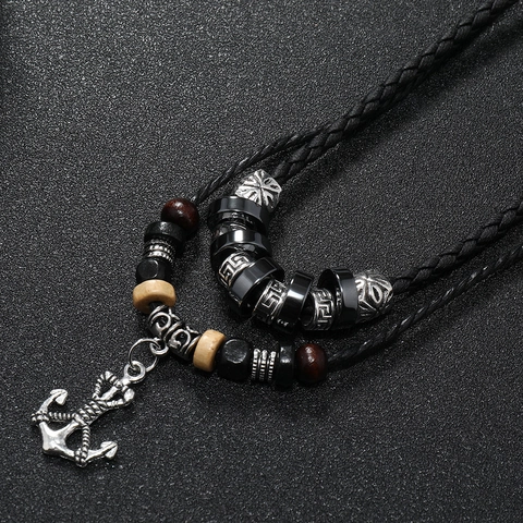 Vintage Ethnic Multi-layer Woven Leather Anchor Pendant Necklace For Men Wood Beads Nautical Handmade Retro Jewelry Gift