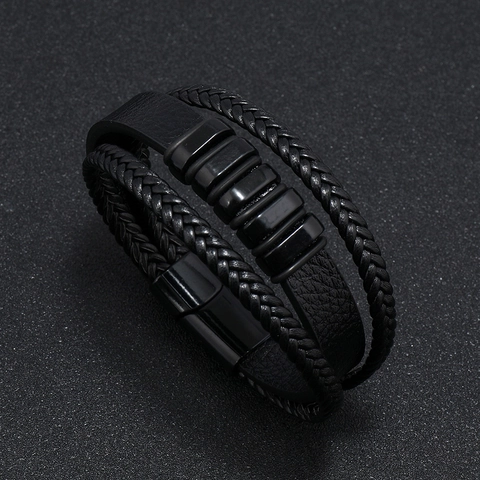 Pulsera Multicapa de Cuero PU Trenzado Para Hombre Con Cierre Magnético de Aleación Joyería Punk Vintage Geométrica Para Uso Diario