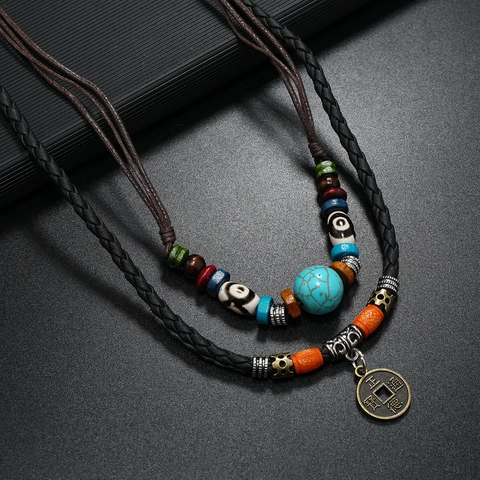 Vintage Mehrlagige Türkis Perlen Geflochtene Lederkette Für Damen Herren Antike Bronze Münze Anhänger Ethnischen Boho Schmuck
