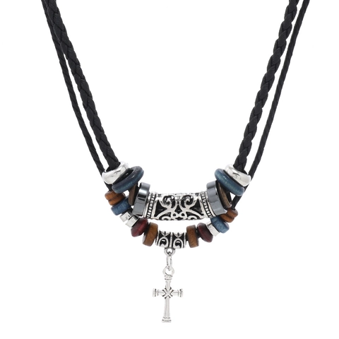 Collier Pendentif Croix Ethnique Vintage pour Hommes Corde en Cuir Multicouche Fait à la Main Perles en Bois Bijoux