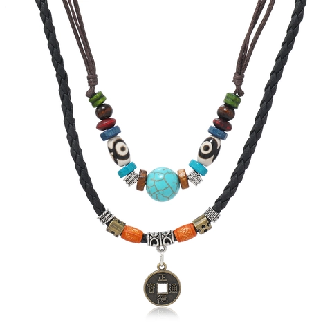 Vintage Mehrlagige Türkis Perlen Geflochtene Lederkette Für Damen Herren Antike Bronze Münze Anhänger Ethnischen Boho Schmuck