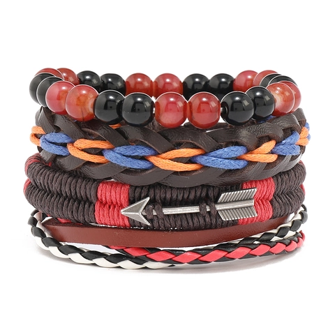Men's Retro Multilayer Leather Bracelet Set Punk Handmade Braided Wax Cord Wood Beads Alloy Arrow Pendant Adjustable Jewelry