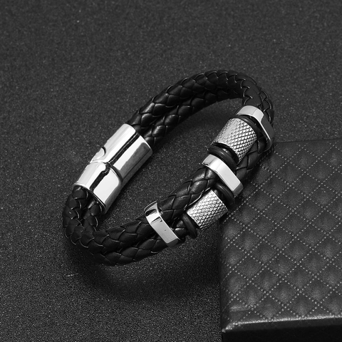Vintage Men Leather Woven Bracelet Multi Layer Casual Hand Crafted Alloy Magnetic Clasp Geometric Wristband Fashion Jewelry Accessory Gift