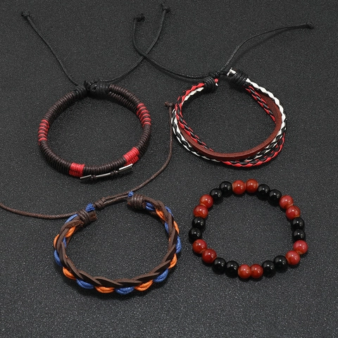 Men's Retro Multilayer Leather Bracelet Set Punk Handmade Braided Wax Cord Wood Beads Alloy Arrow Pendant Adjustable Jewelry