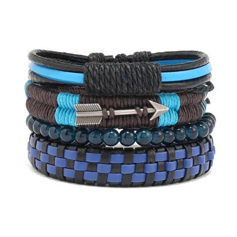 Vintage Men Multilayer Leather Bracelet Handmade Woven Arrow Charm Glass Beaded Adjustable Ethnic Wristband Jewelry