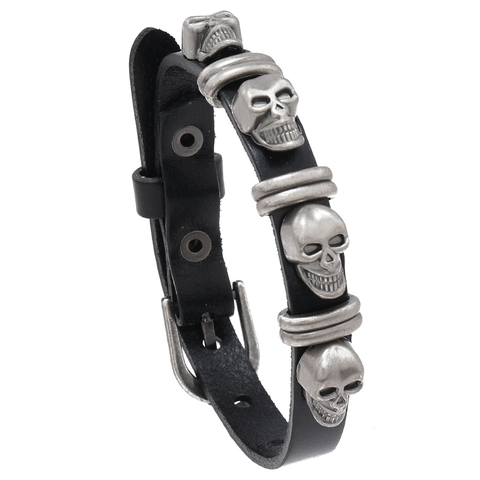 Pulsera Punk de Cuero de Vaca para Hombre Calavera Vintage Aleación Plata Remaches Pulsera Envolvente Esqueleto Joyería Halloween
