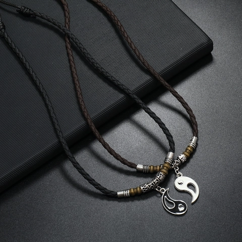 Collier en Corde de Cuir Tissé à la Main Rétro Pour Hommes Femmes Pendentif Tai Chi Yin Yang Perle en Bois Alliage Bijoux Ethniques